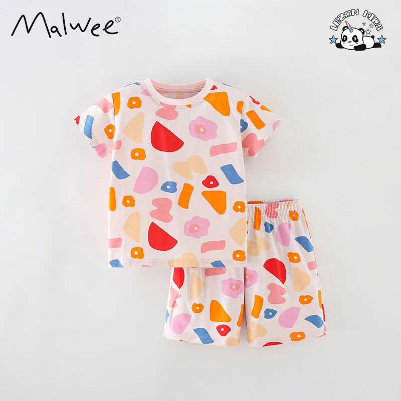 LEZONKIDS - New in 2024 children printed round neck short sleeved pants cotton fabric daily life girls sets